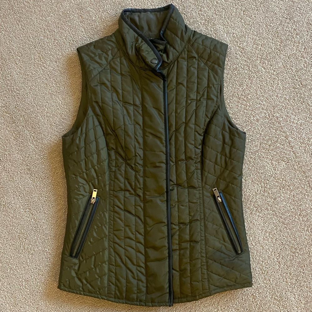 Banana Republic Olive Puffer Vest with Vegan Leather Trim